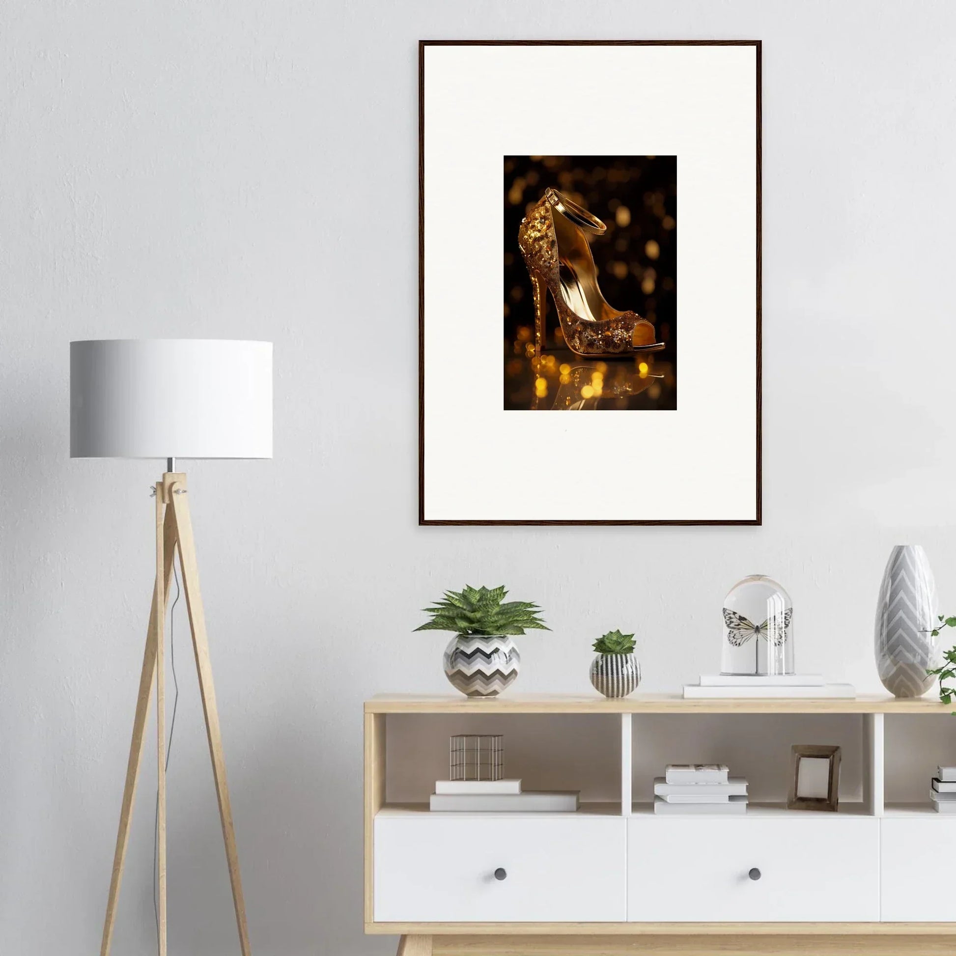 Framed wall art of golden high-heeled shoe, part of Golden Serotonin Pads collection