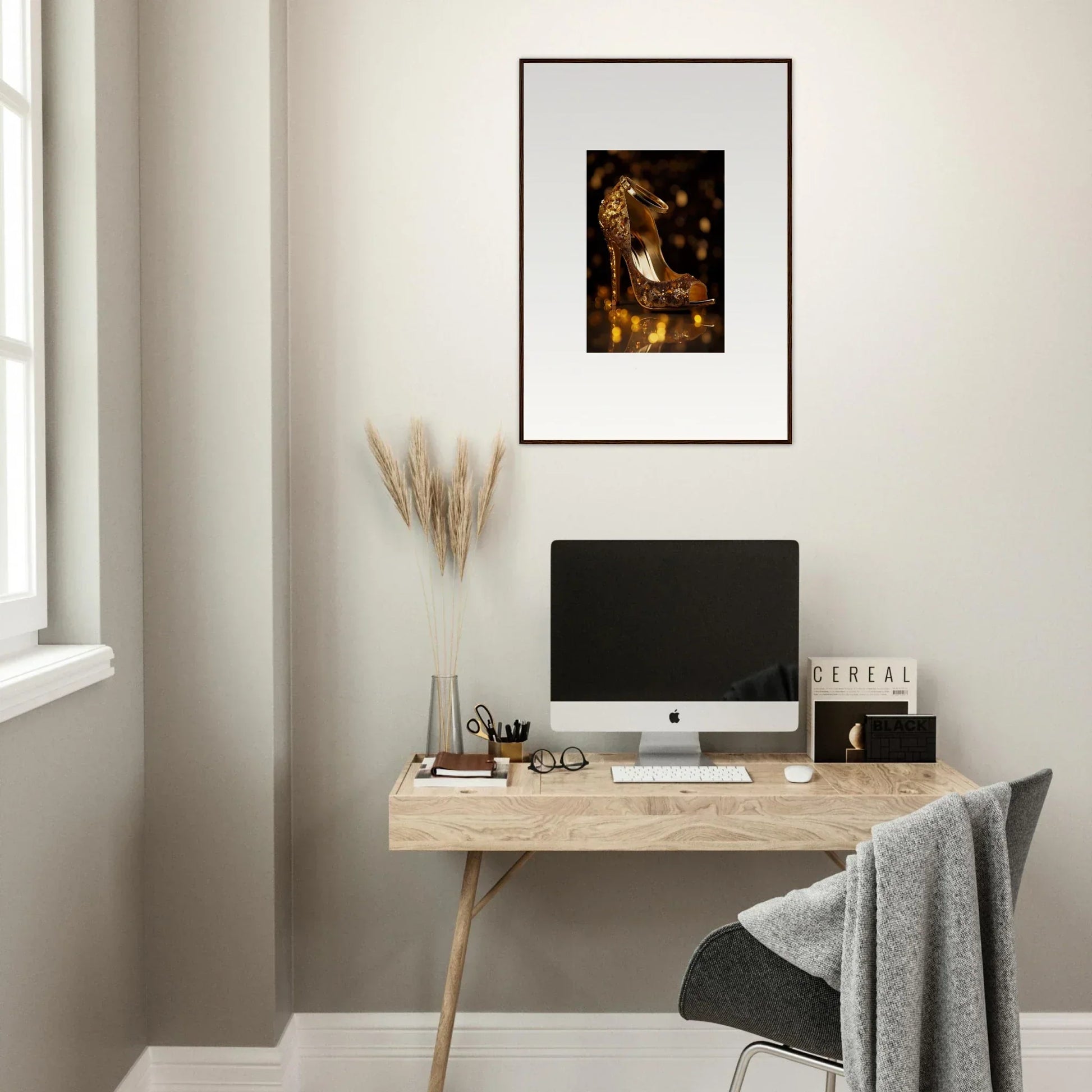 Minimalist wooden desk with iMac and simple decor featuring Golden Serotonin Pads