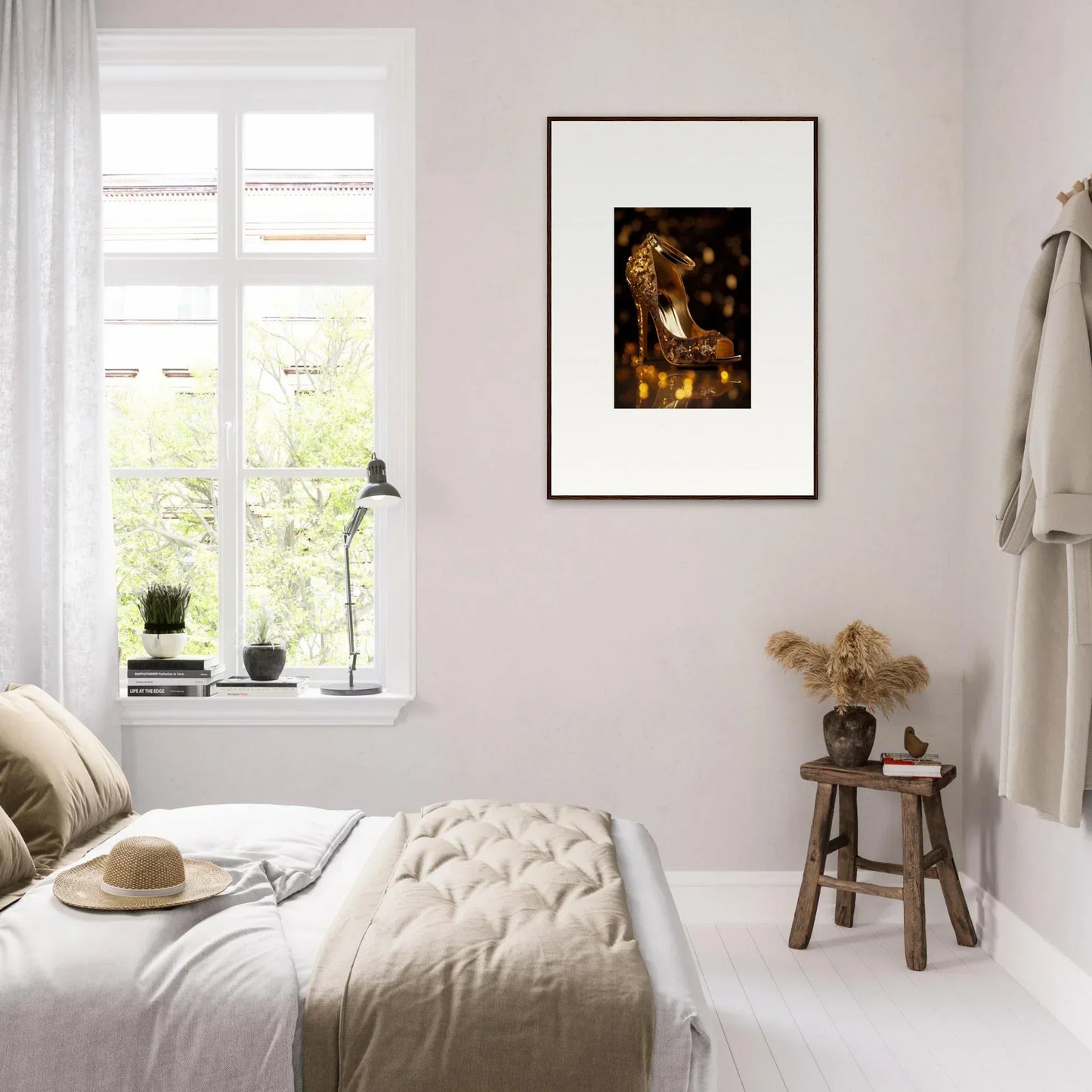 Minimalist bedroom with pale pink walls featuring Golden Serotonin Pads as decor