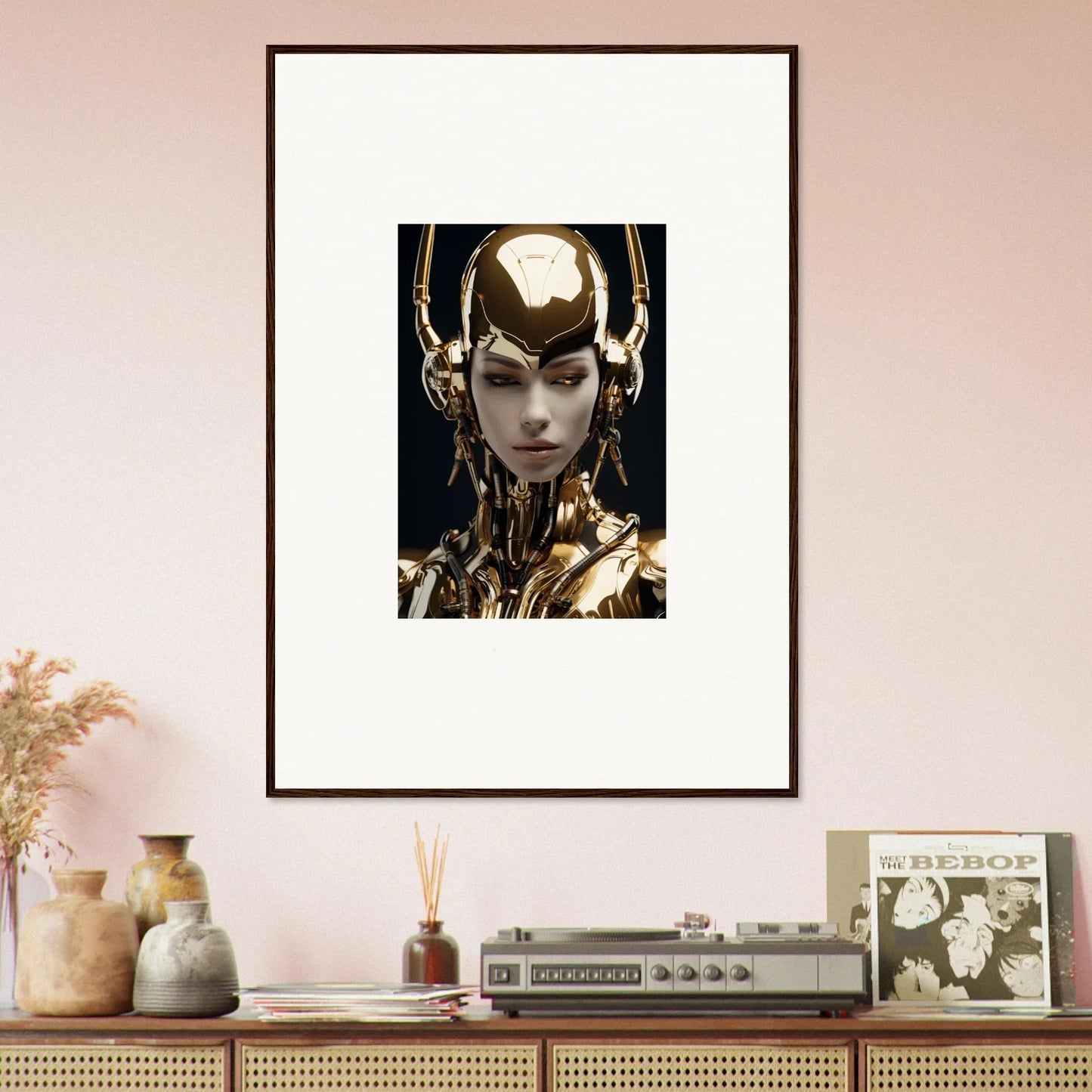 Futuristic cyborg art piece for room decoration, Golden Sin Echoes canvas print