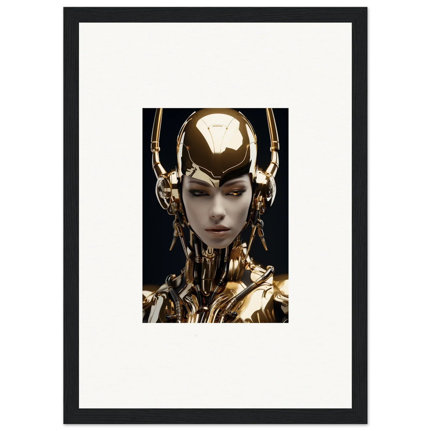 Futuristic robotic figure with golden head, perfect for Sin Echoes room decoration canvas print