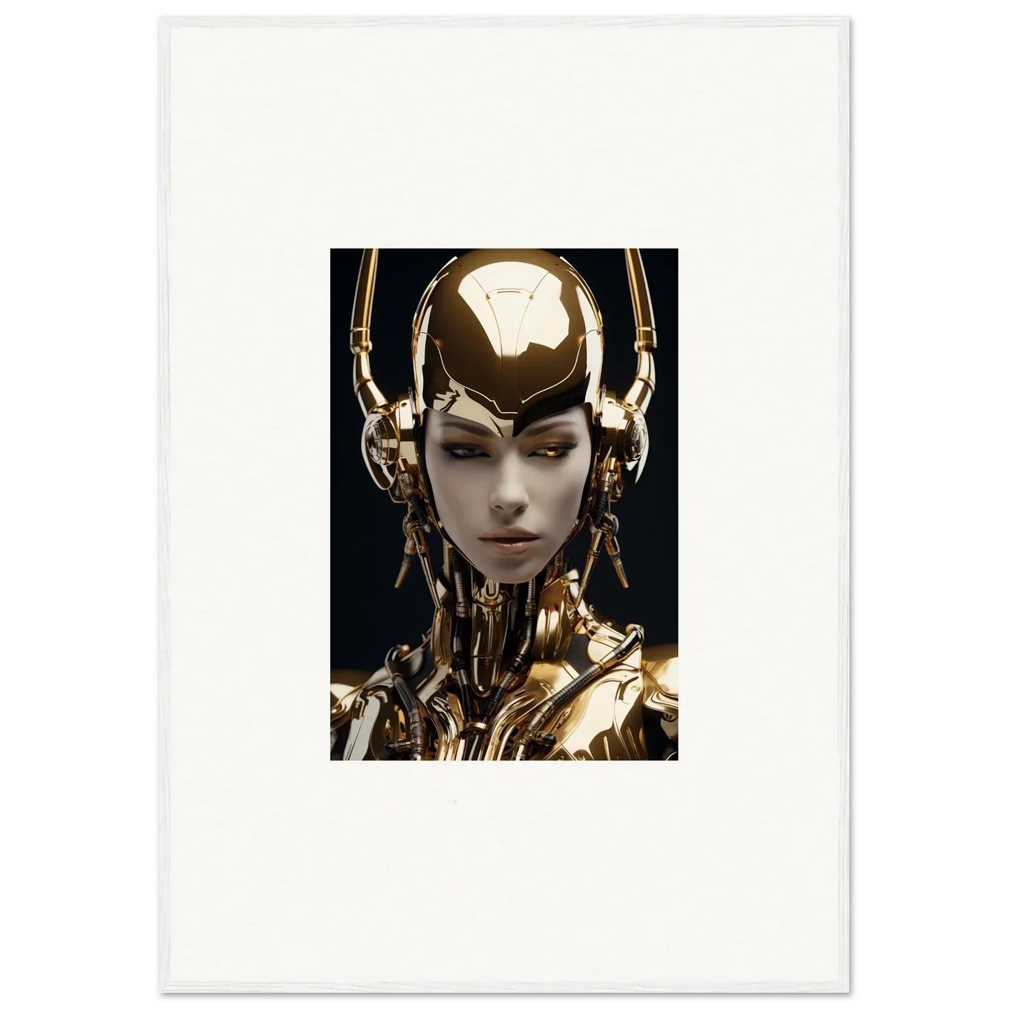 Futuristic robotic figure with golden head for Sin Echoes room decoration canvas print