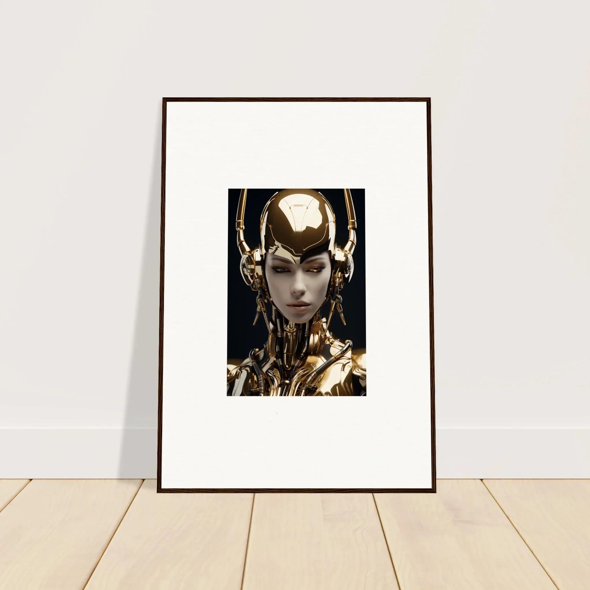 Framed canvas print of Golden Sin Echoes featuring a futuristic humanoid figure