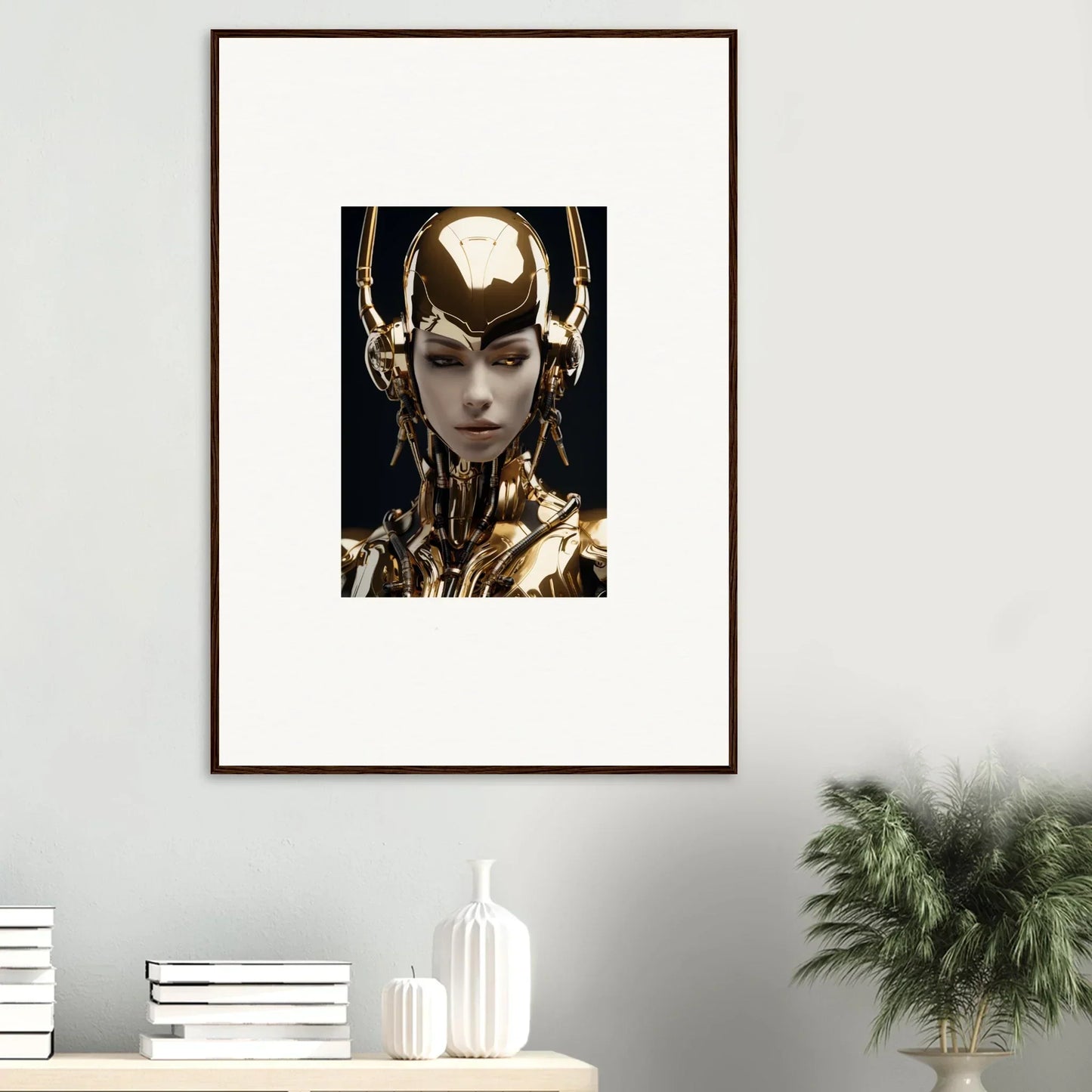 Framed canvas print of Golden Sin Echoes featuring a figure with a futuristic golden headdress