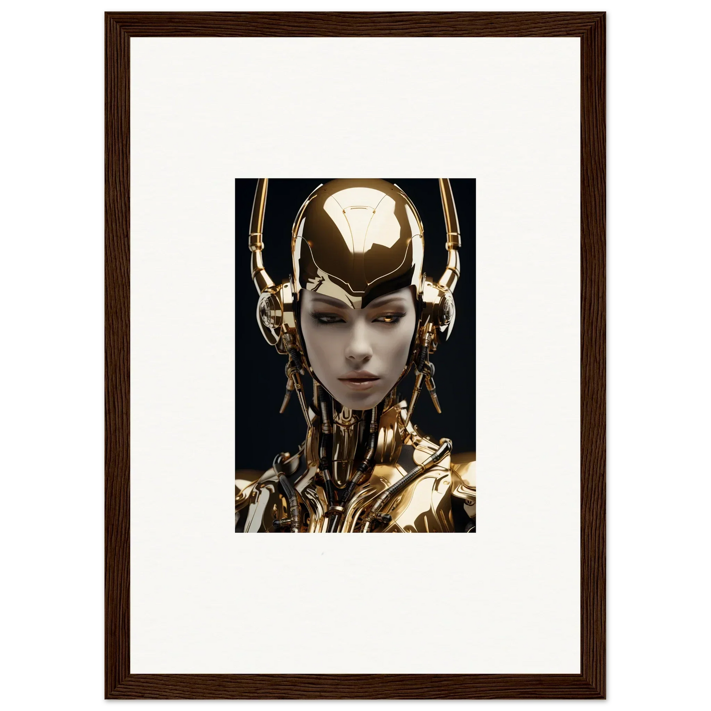 Futuristic humanoid figure with gold features for Sin Echoes room decoration canvas print