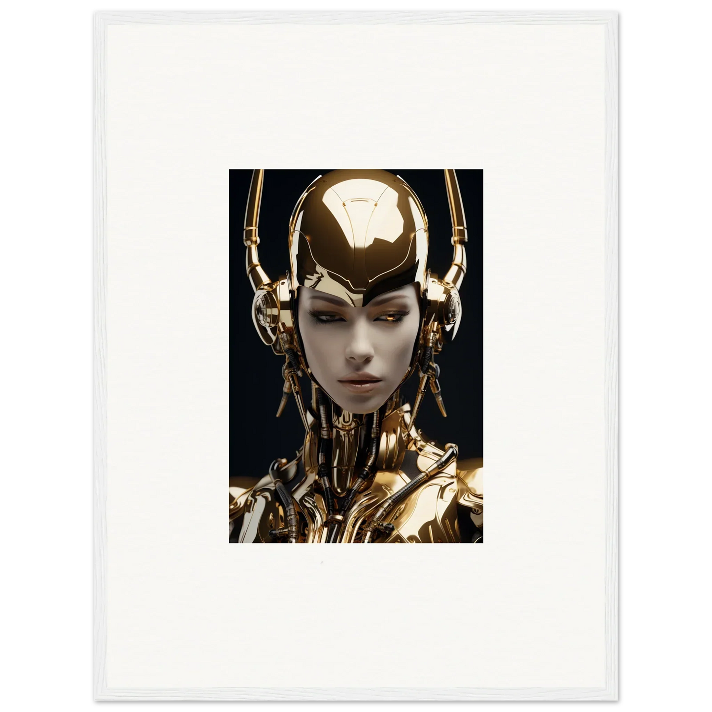 Futuristic humanoid figure with golden elements in a stylish canvas print for room decoration