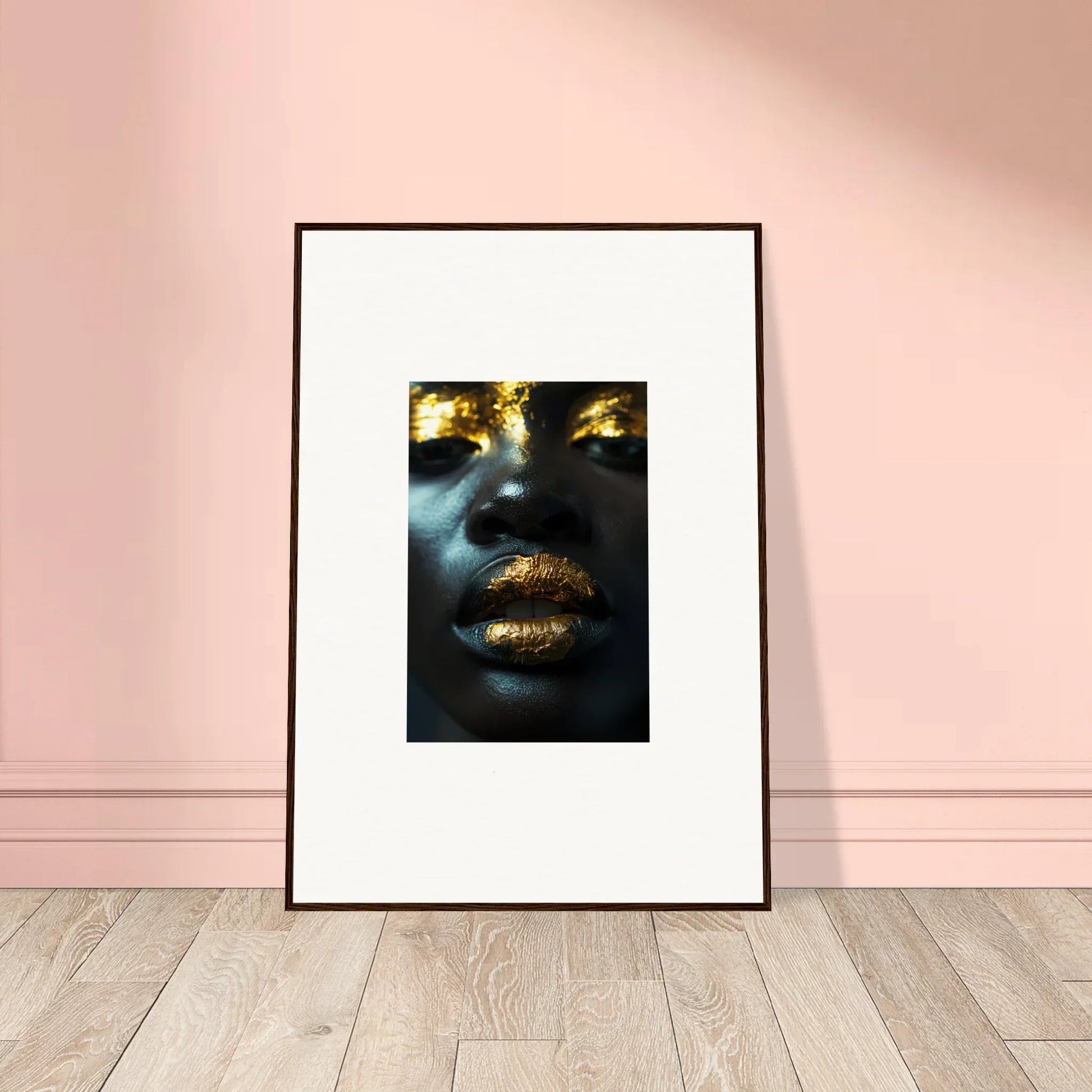 Framed canvas print of a face with gold accents, perfect for room decoration and Star Riot vibe