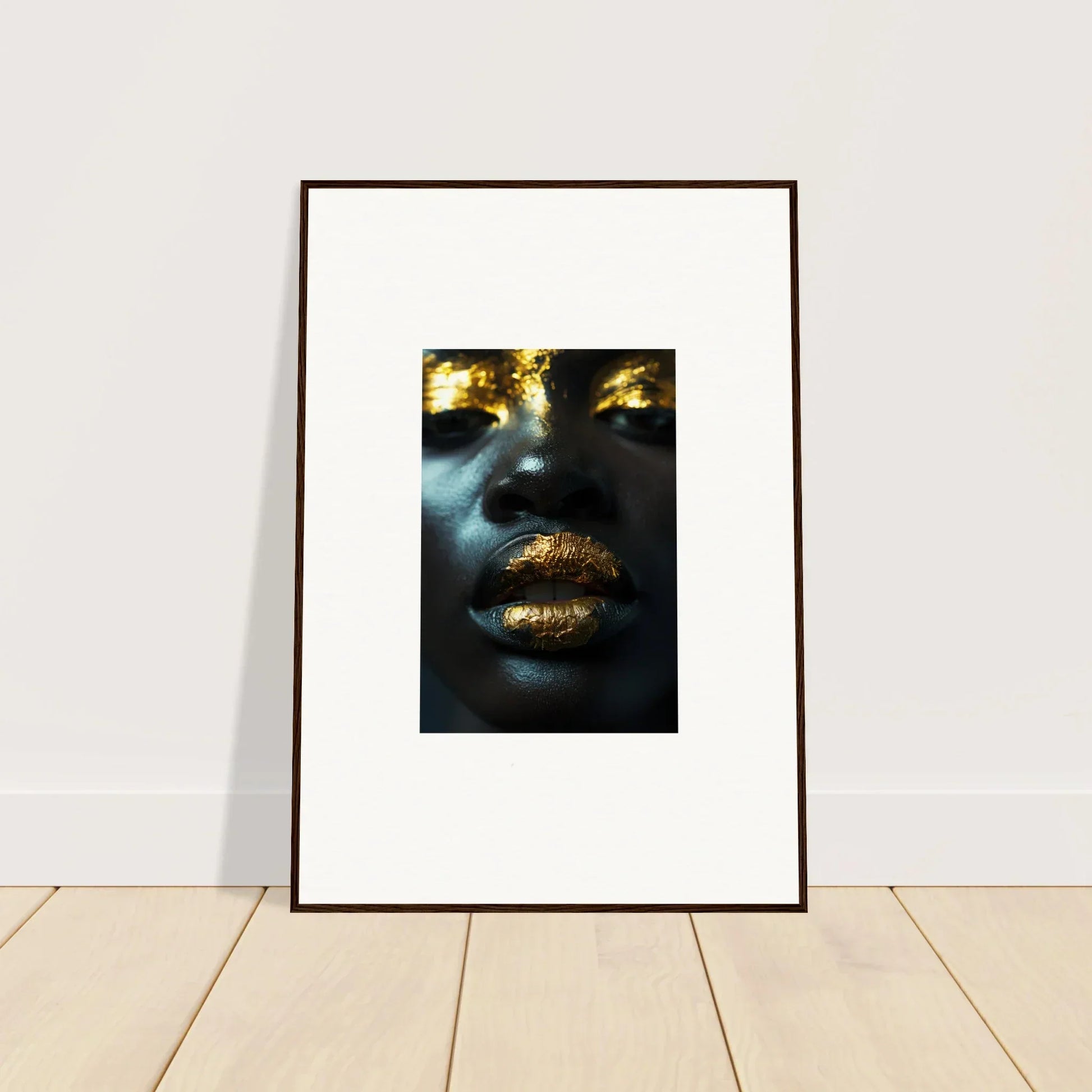 Framed canvas print of golden lips on dark bg, perfect for your Star Riot room decoration