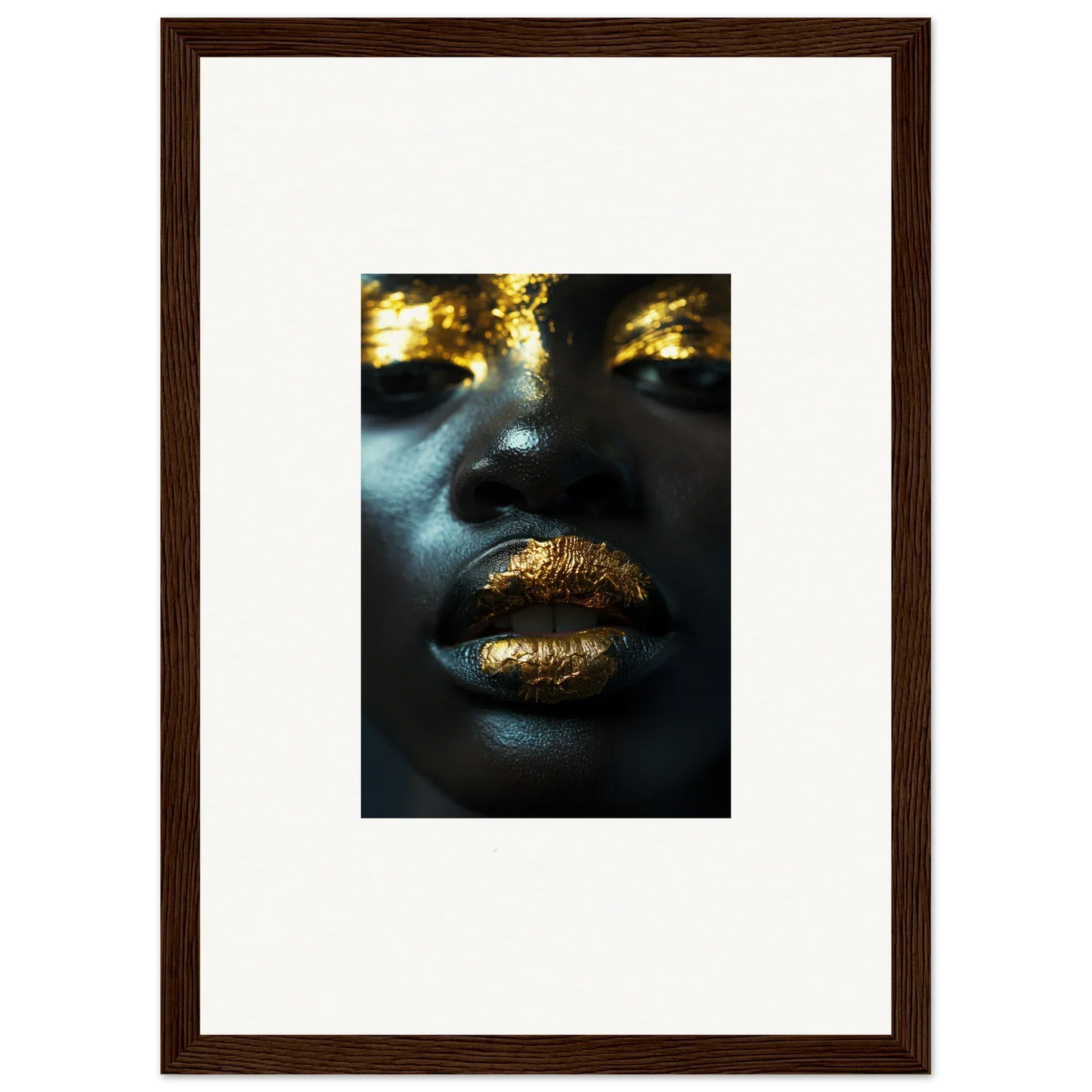 Close-up portrait with gold lips and shimmer, perfect for Star Riot canvas print vibes