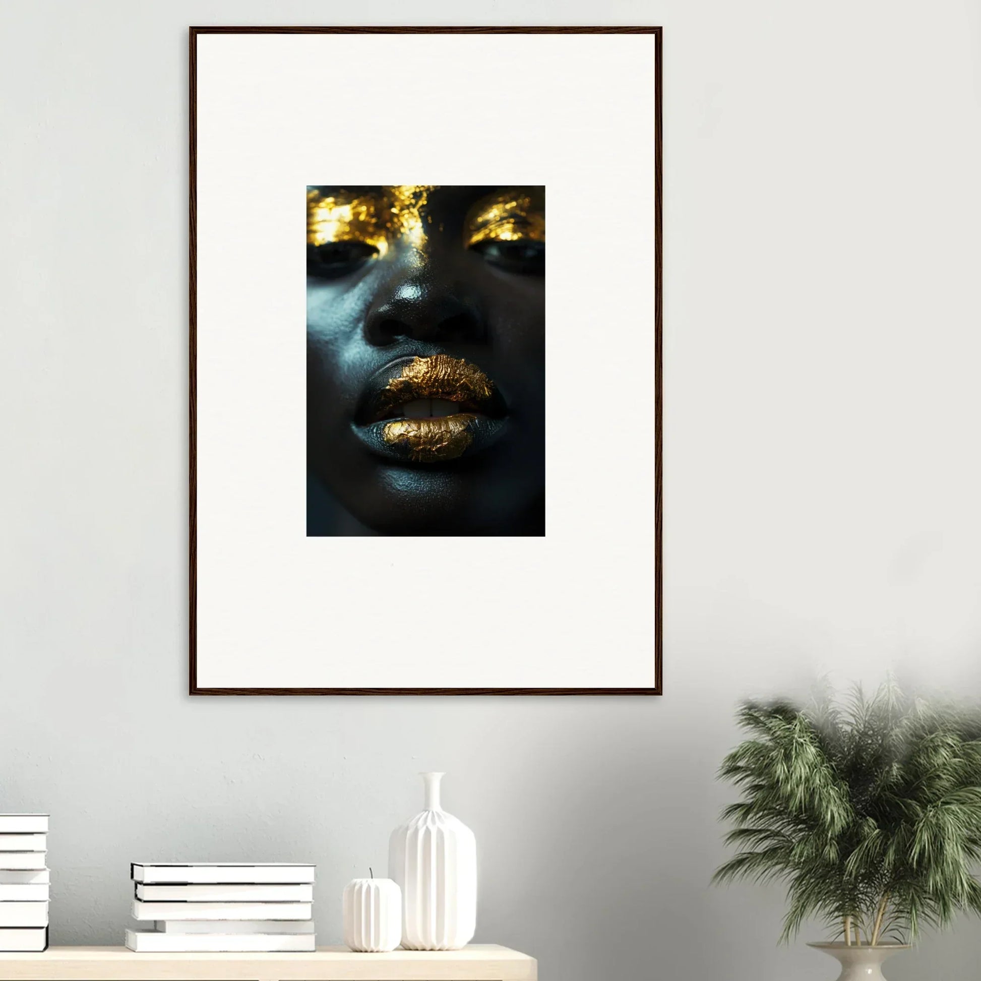 Close-up of gold-painted lips on dark background in Star Riot canvas print, perfect room decoration