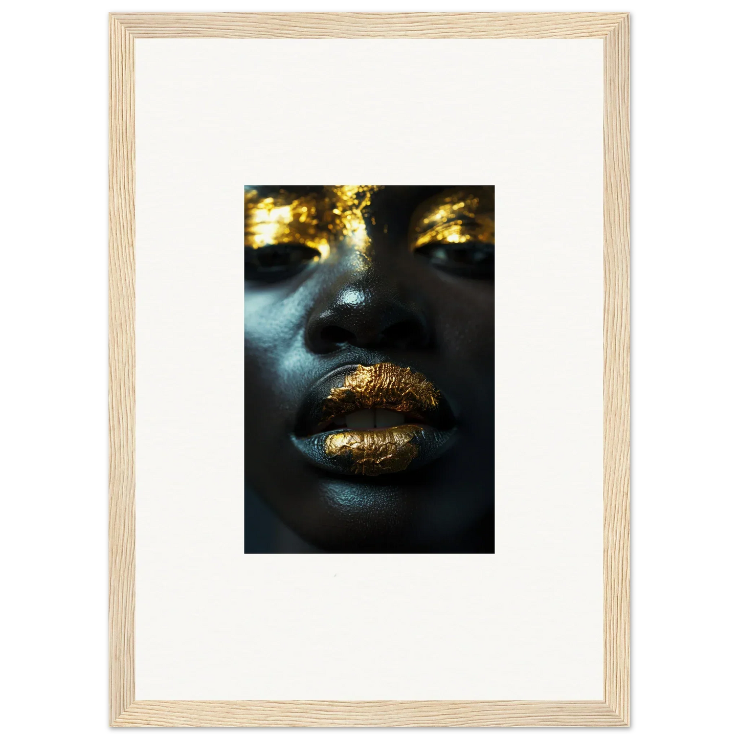 Close-up of lips and eyes with gold metallic makeup, perfect for your Star Riot canvas print