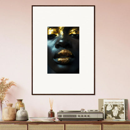 Framed canvas print of lips and eyes with gold accents for chic room decoration