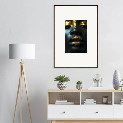 Framed canvas print of lips and face detail with golden shimmer for star riot room decoration