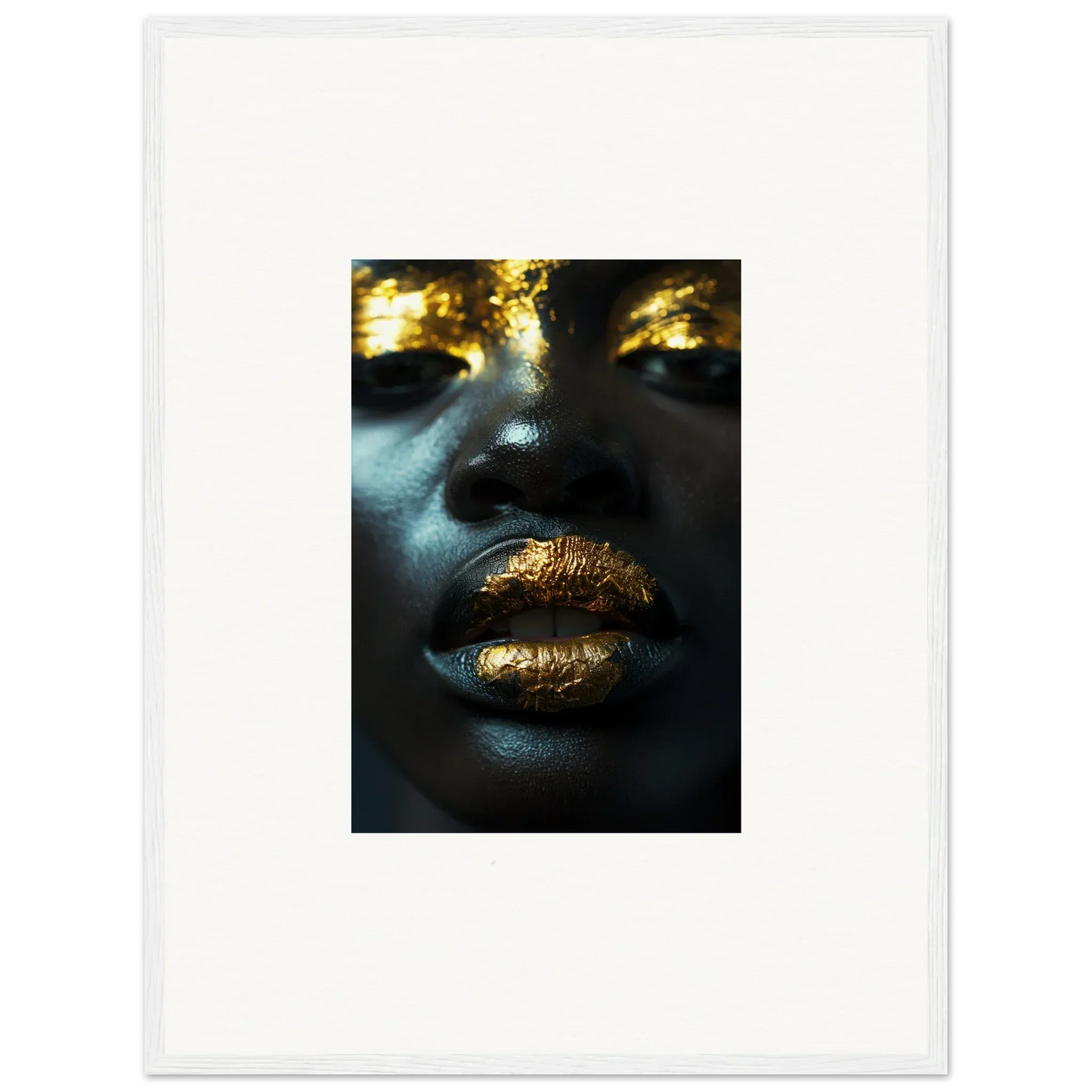 Close-up of stunning golden lips and shimmering eye makeup for Star Riot canvas print