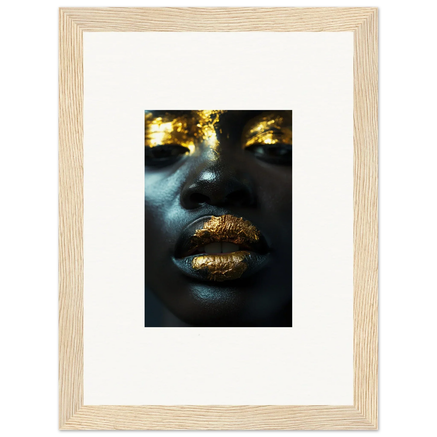 Close-up of gold-painted lips and eyes on dark skin for a stunning Star Riot canvas print