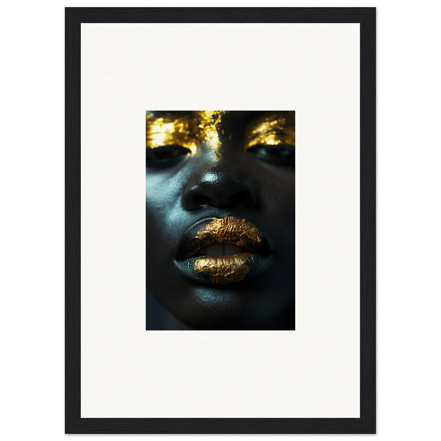 Close-up of golden lips and shimmering eyes, perfect for a Star Riot canvas print