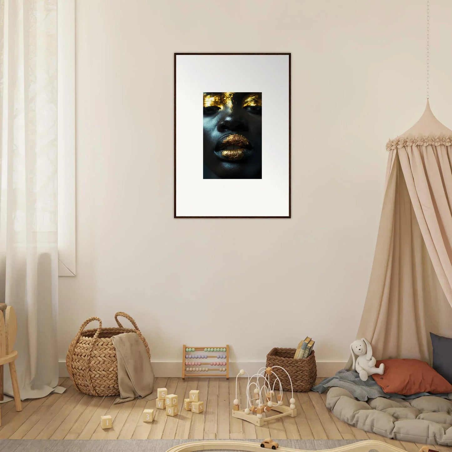 Framed canvas print of a golden and blue close-up face for cool room decoration