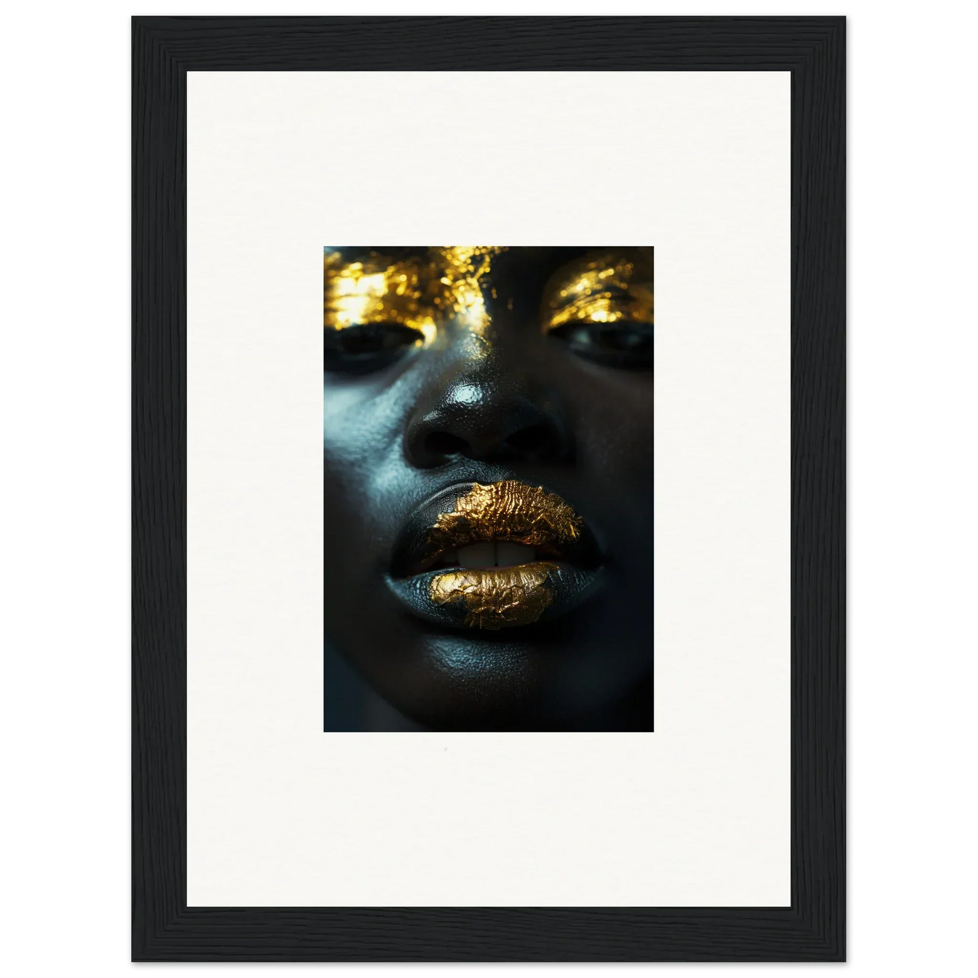 Close-up of golden lips and eyes on dark skin, perfect for a Star Riot canvas print