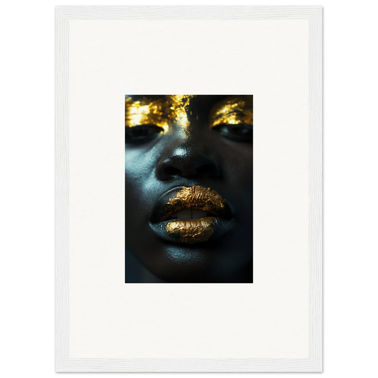 Close-up of golden lips and eyes on dark skin, perfect for room decoration Canvas Print