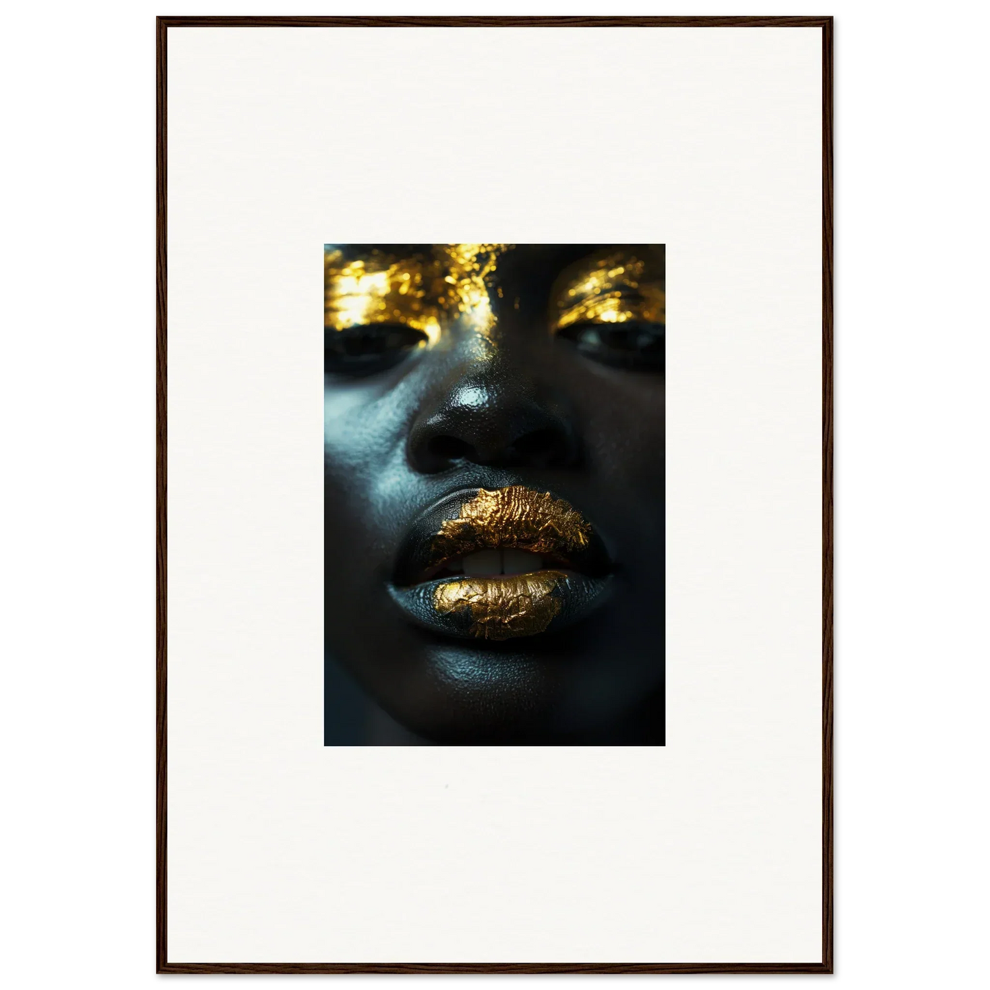 Close-up of gold-painted lips and face, perfect for Star Riot room decoration canvas print