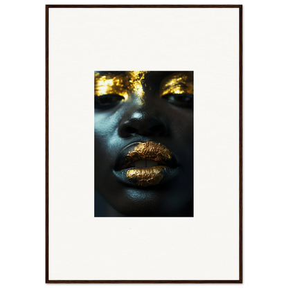 Close-up of gold-painted lips and face, perfect for Star Riot room decoration canvas print