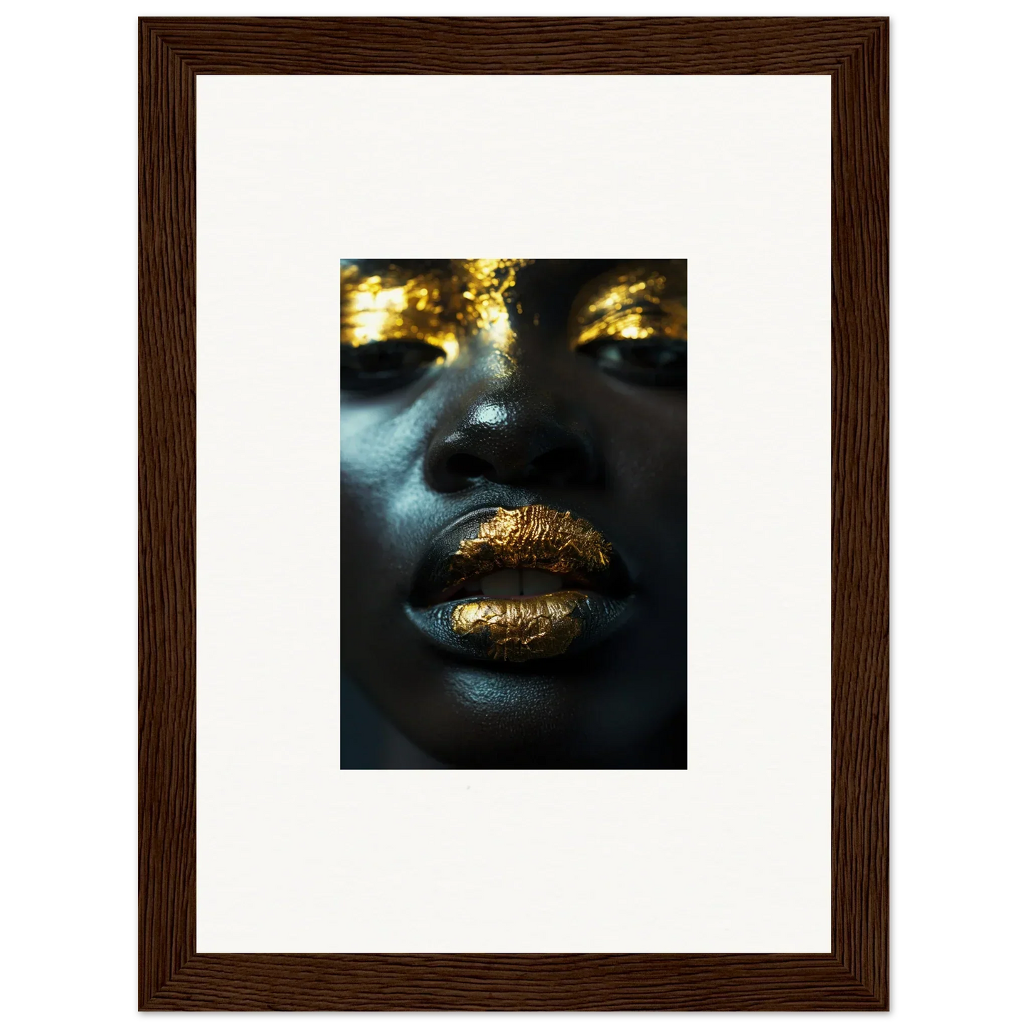 Close-up of golden lips and eyes on dark skin for a vibrant Star Riot canvas print