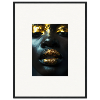 Close-up of gold-painted lips, perfect for Star Riot canvas print room decoration