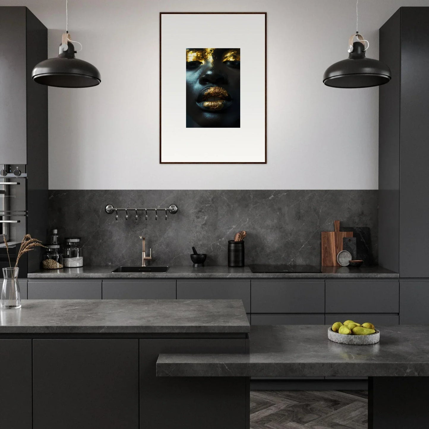 Modern kitchen with dark cabinetry and a Star Riot canvas print for unique room decoration