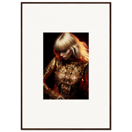 Framed portrait photograph of a person with blonde hair wearing a glittery gold outfit.