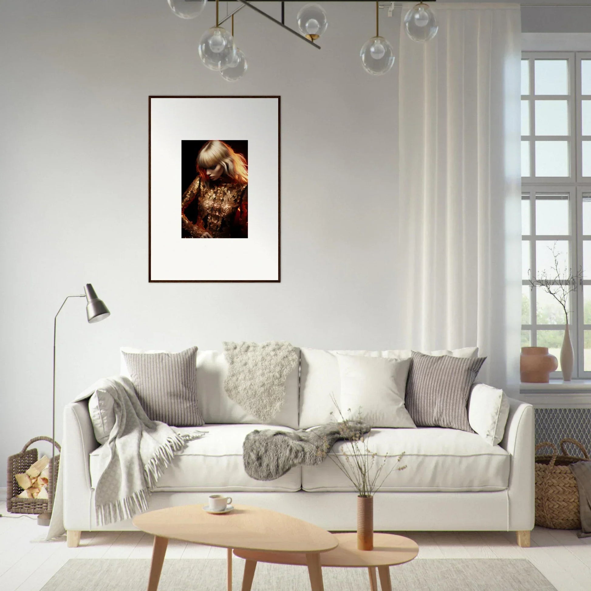 White sofa with throw pillows and blankets.