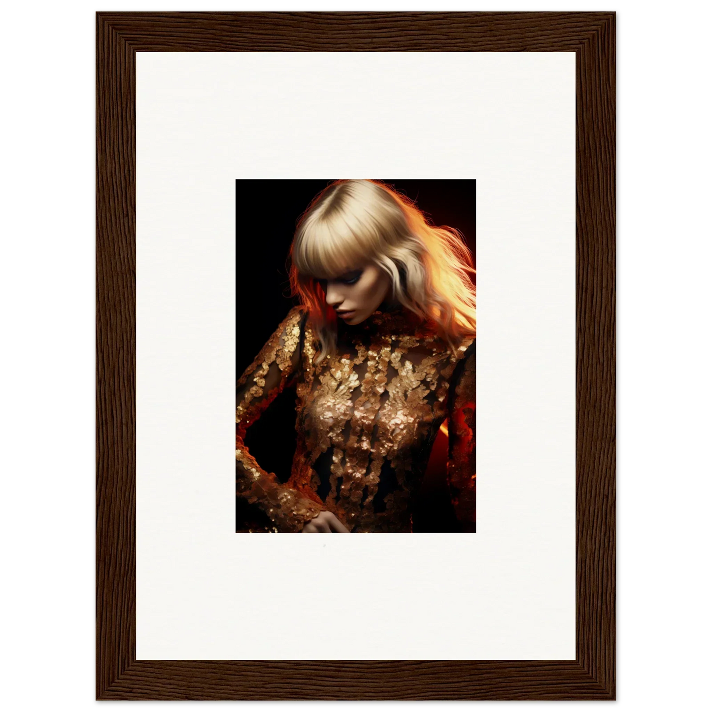 Framed portrait photograph of a woman with blonde hair wearing a glittering gold outfit.