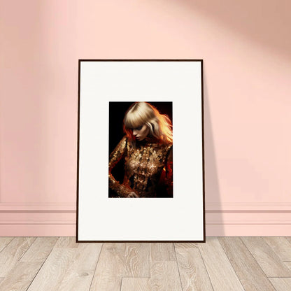 Framed photograph of a person wearing a glittery gold outfit with blonde hair.