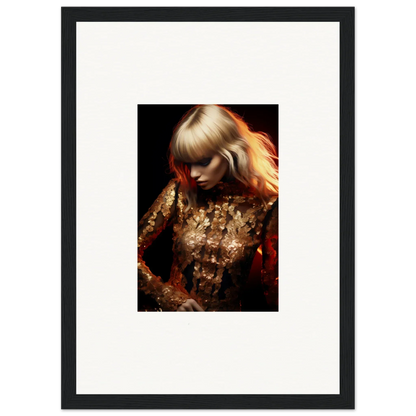 Framed portrait of a woman with blonde hair wearing a shimmering gold outfit.