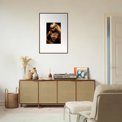 Framed artwork depicting a person in ornate, traditional attire hanging above a wooden sideboard.