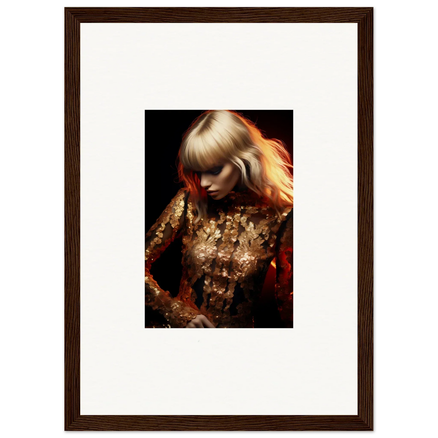 Framed portrait of a woman with blonde hair wearing a shimmering gold outfit.