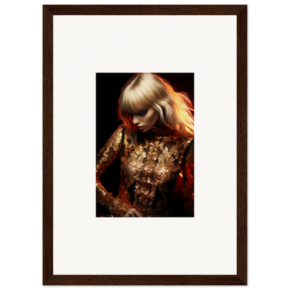 Framed portrait of a woman with blonde hair wearing a shimmering gold outfit.