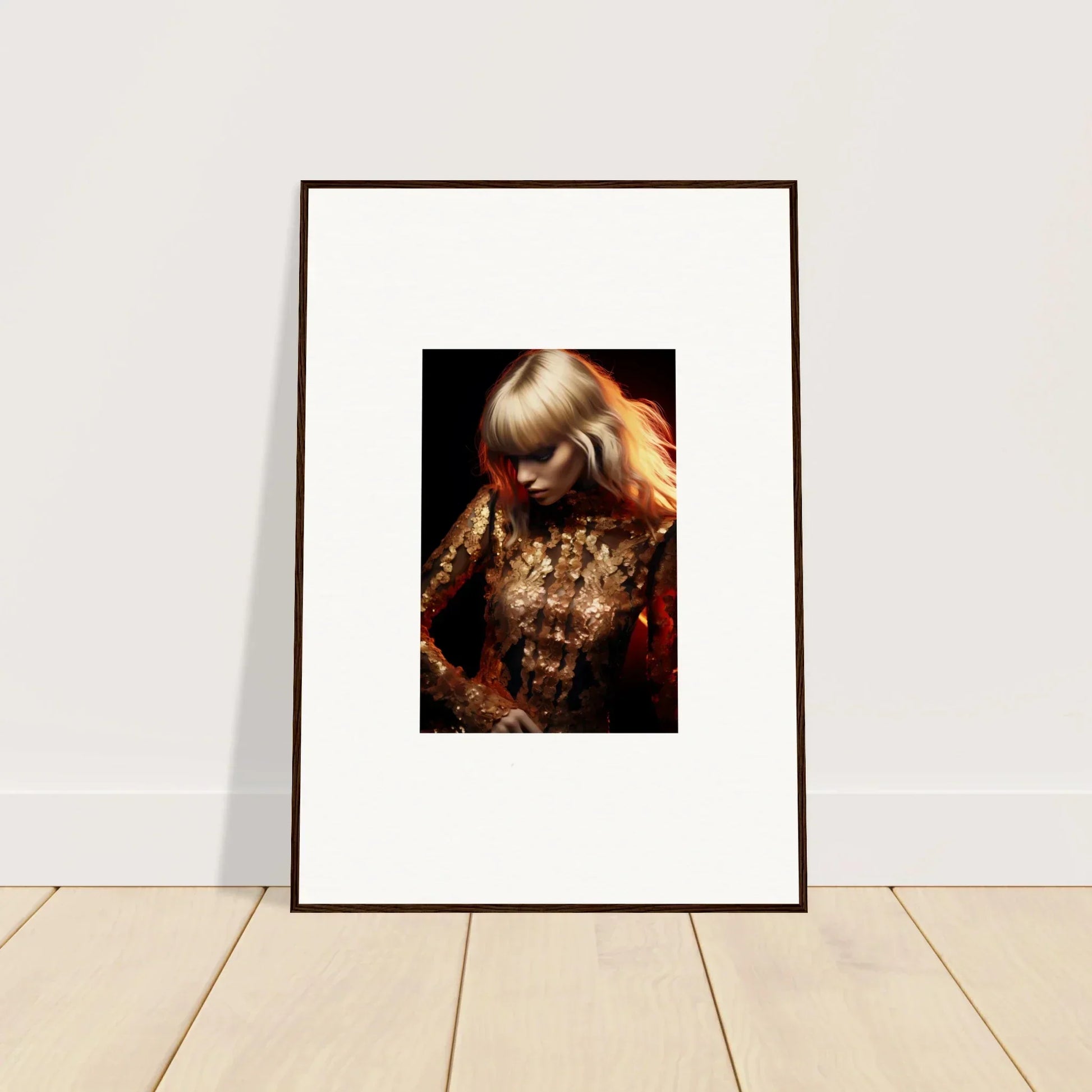 Framed portrait photograph of a person with blonde hair wearing a shimmering gold outfit.