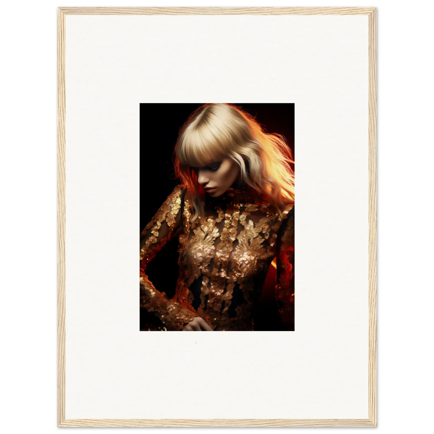 Framed photograph of a woman with blonde hair wearing a glittering gold outfit.