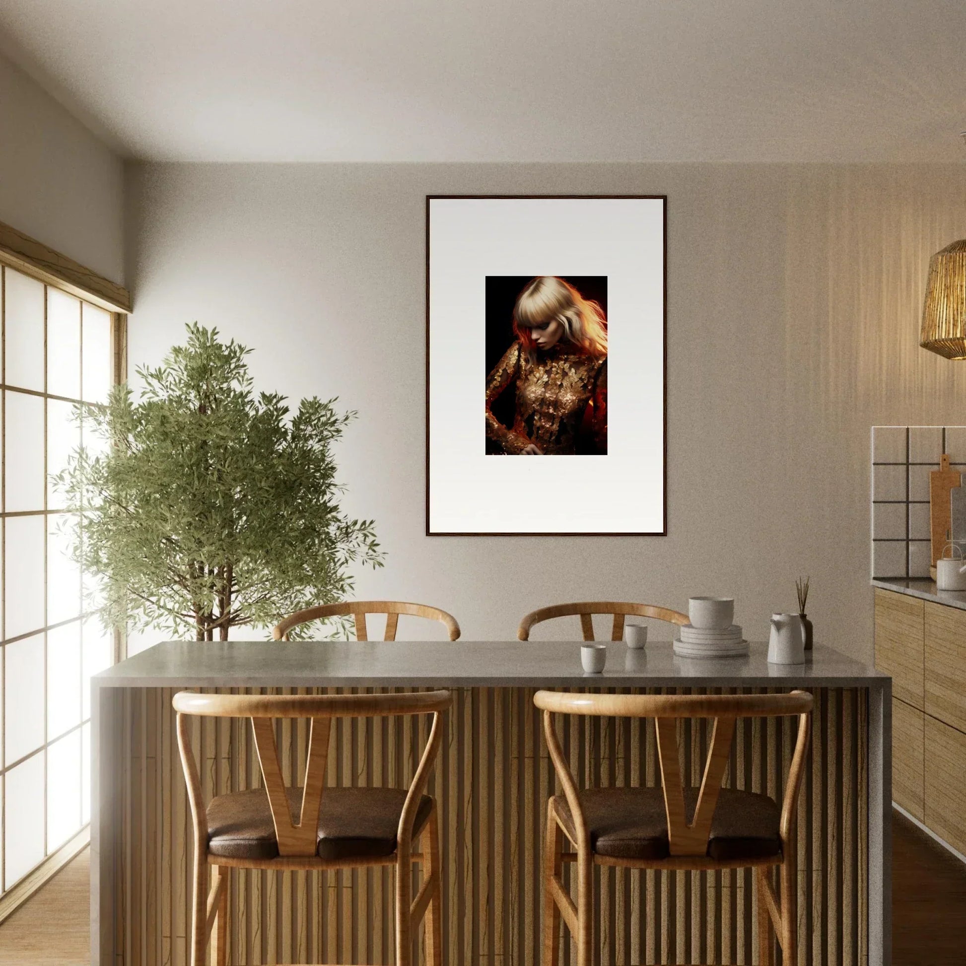 Dining area with a table, chairs, and a framed artwork on the wall.