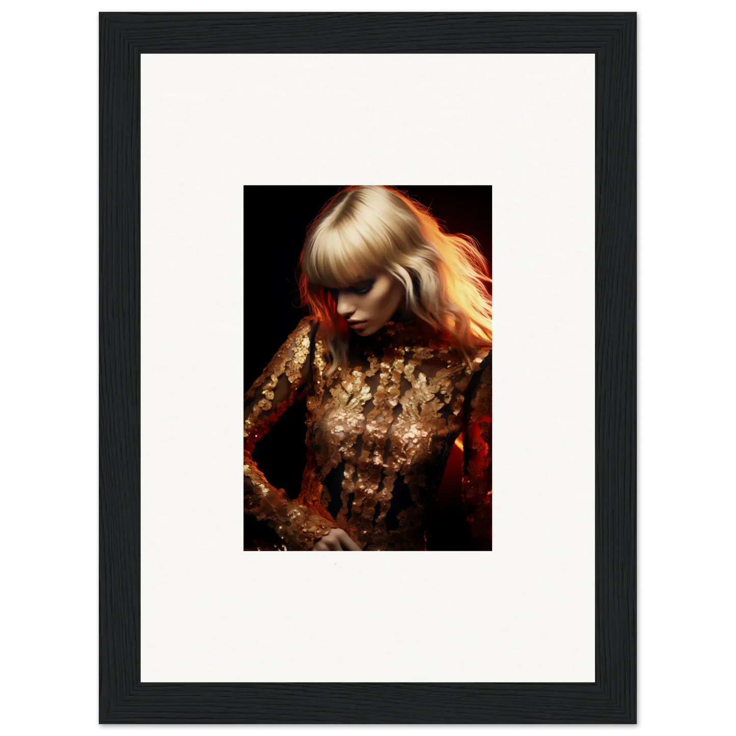 Framed portrait photograph of a blonde woman wearing a glittering gold outfit.