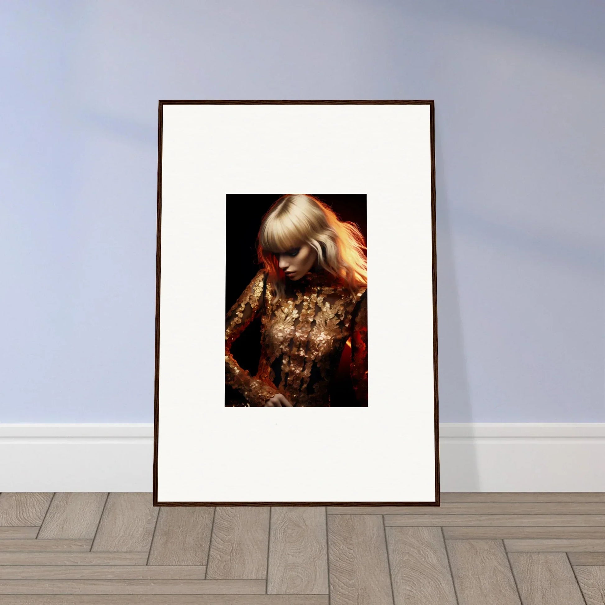 Framed portrait photograph of a person with blonde hair wearing a shimmering gold outfit.