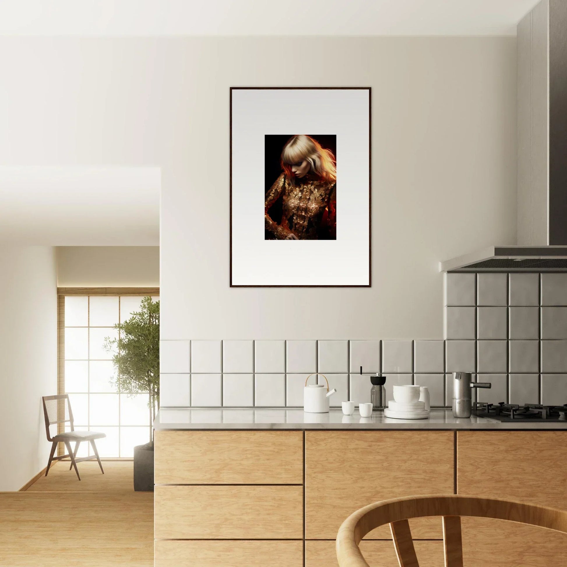 Framed photograph of a person with tattoos and jewelry hanging on a kitchen wall.