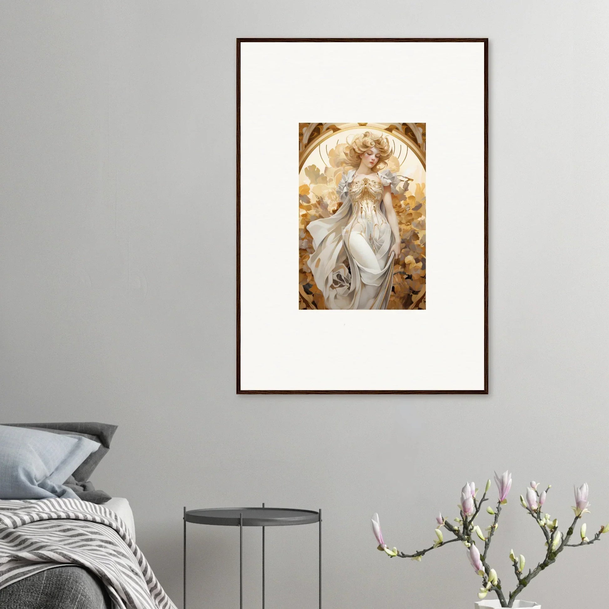 Framed wall art of an ethereal female figure wearing daydream in golden room decor