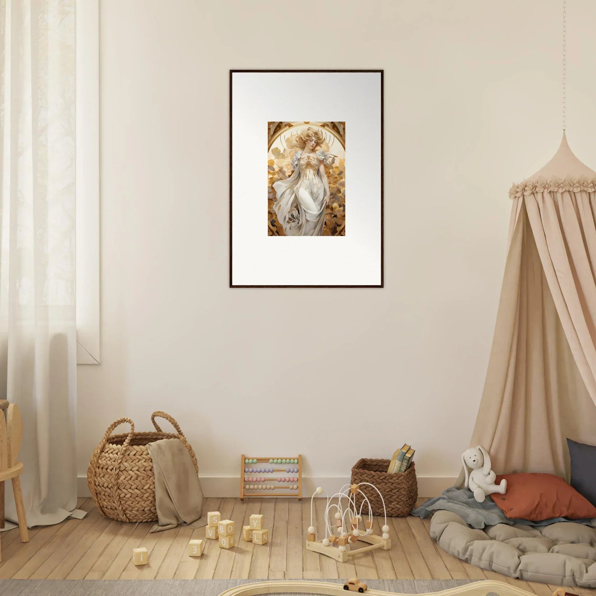 Framed wall art of a blonde woman in Wearing Daydream for elegant room decor