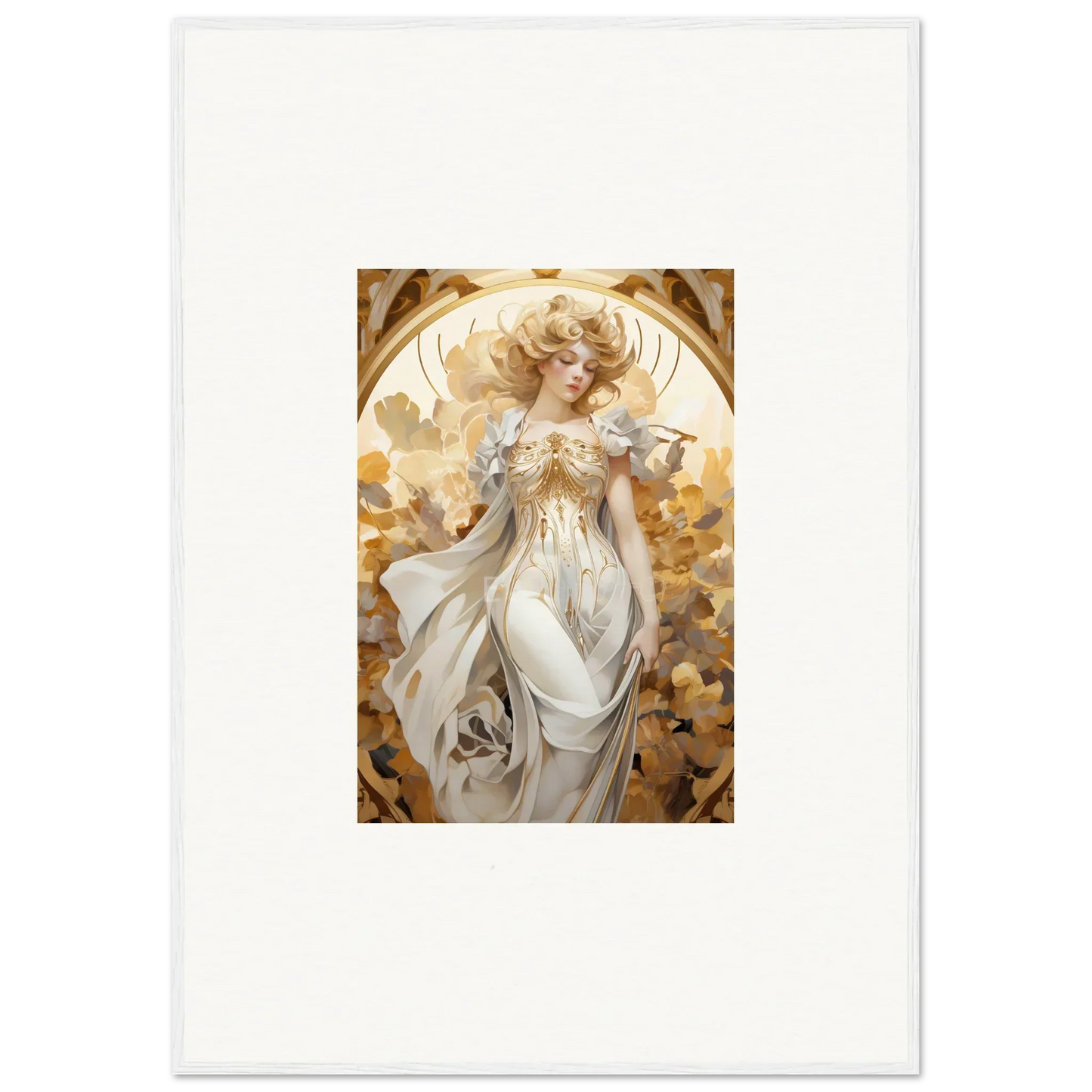 Ethereal Art Nouveau woman in white robes for wearing daydream framed wall art