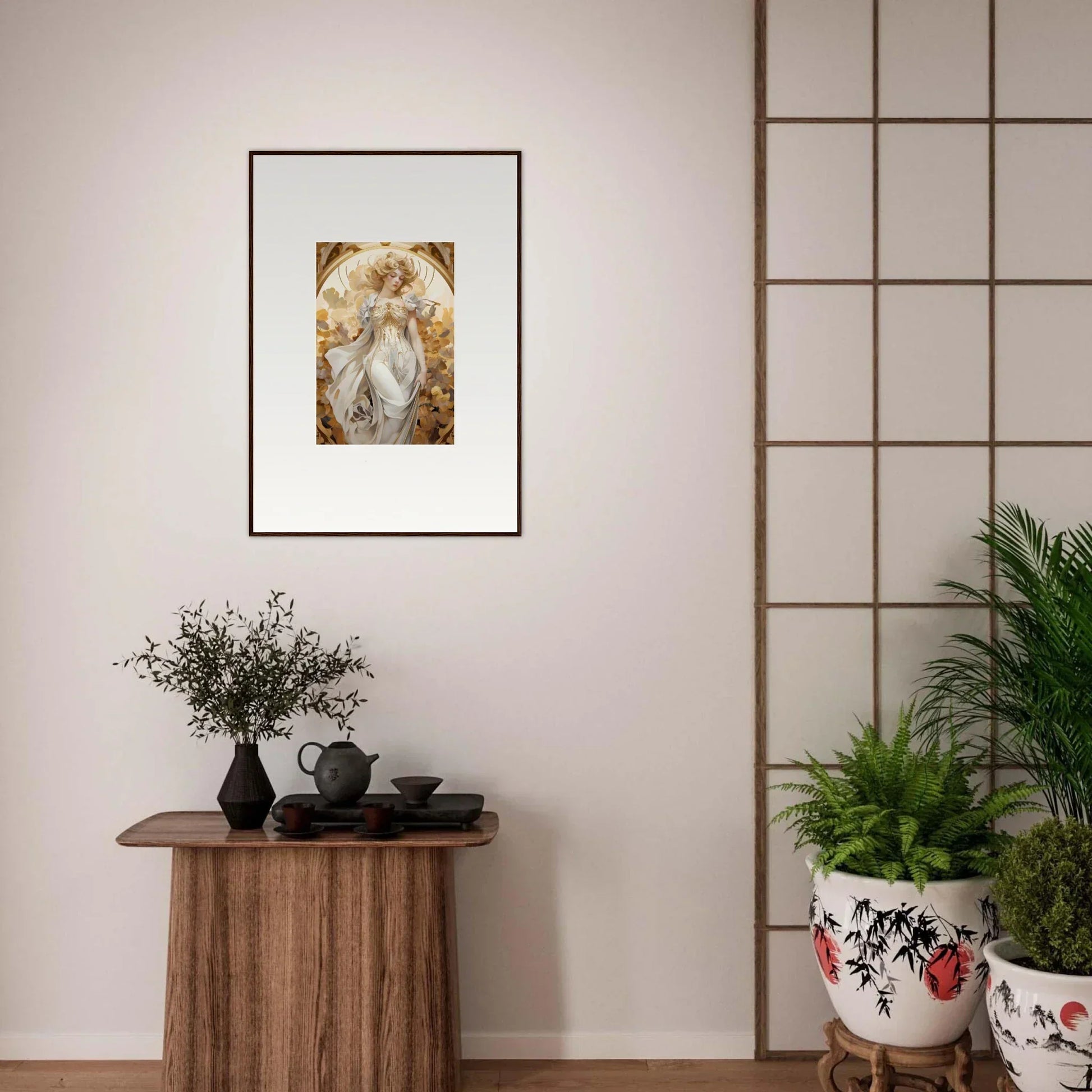 Framed wall art of ethereal female figure in golden light for elegant room decor