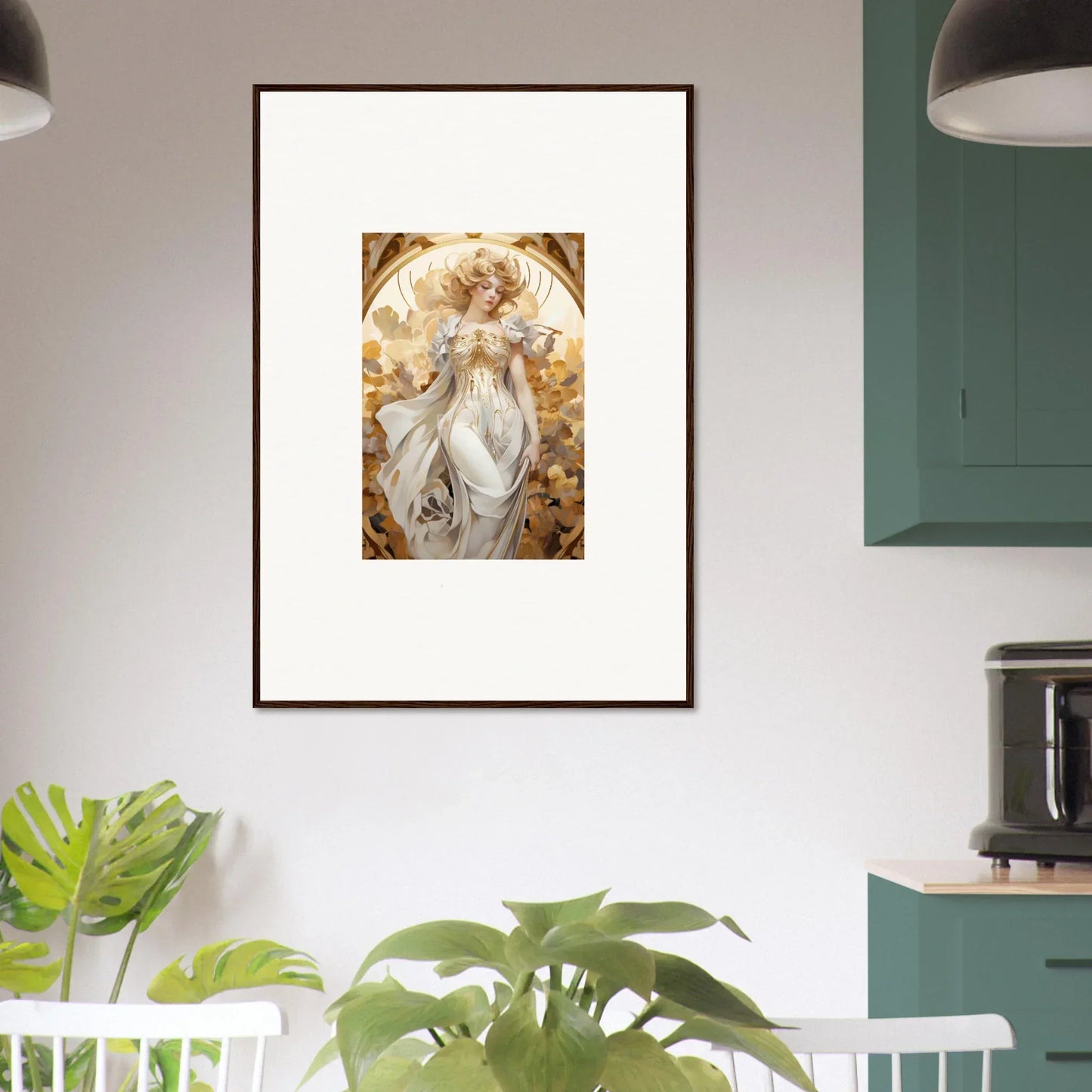 Ethereal female figure in white dress framed wall art, perfect for wearing daydream room decor