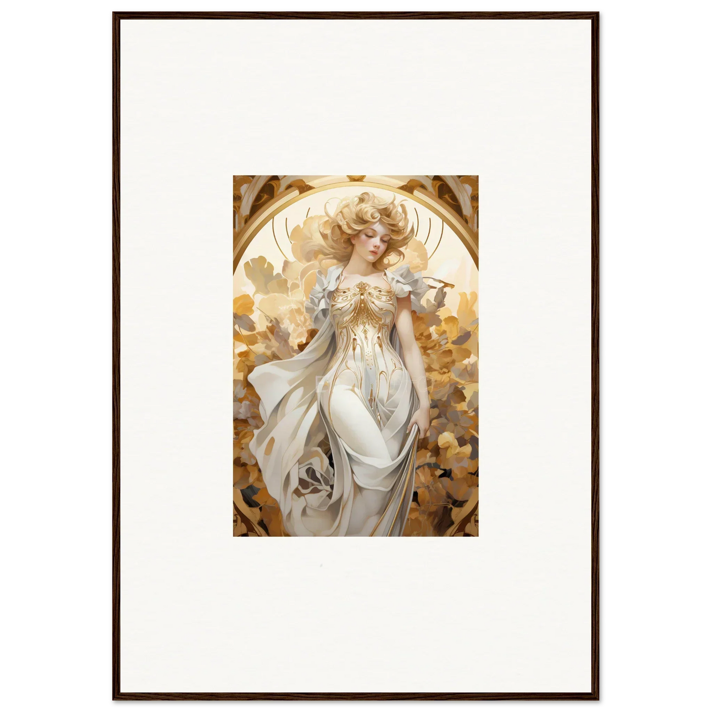 Framed wall art of an ethereal woman wearing daydream in a flowing white dress