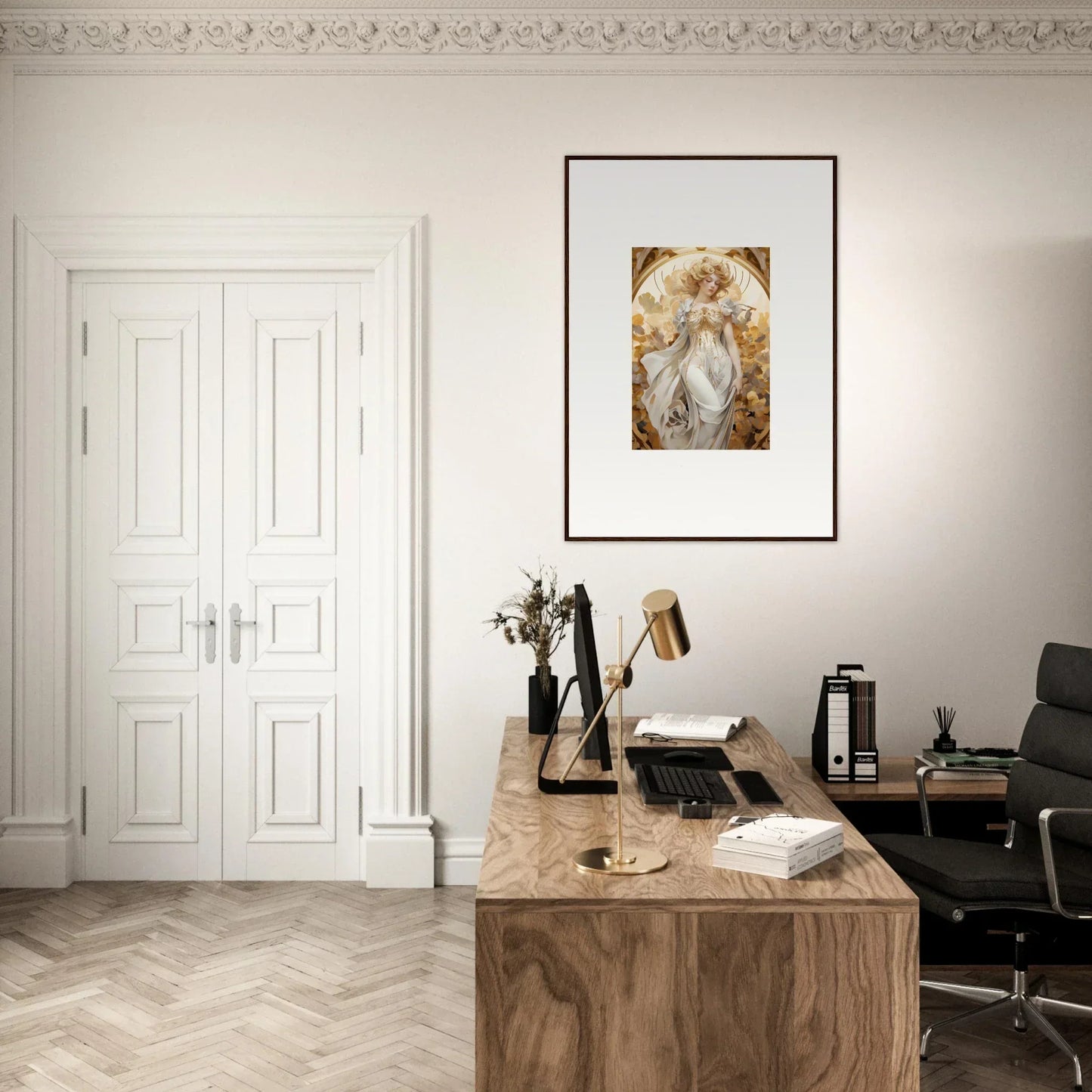 Elegant home office featuring wooden desk, framed wall art, and wearing daydream decor