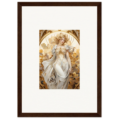 Framed wall art of an ethereal woman wearing daydream in golden hues for room decor